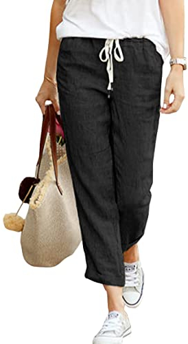 Hose Damen Leinen Sommerhose 7/8 Casual Leichte Baumwolle Leinenhose Stoffhose Bequeme Luftige Freizeithose Strandhose Mit Taschen (Schwarz, XXL)
