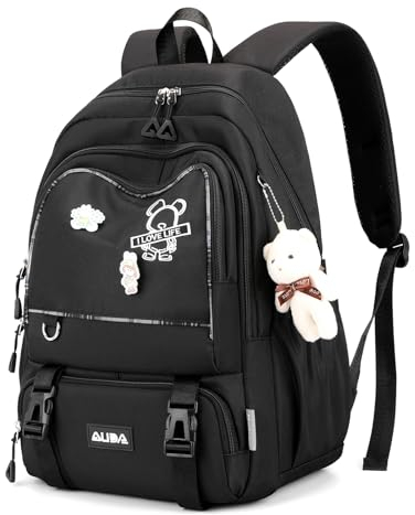 Amythe Schulrucksack Teenager Mädchen Rucksack Schule Groß Girls School Bag Wasserdicht Lässiger Daypack für Grundschule, Sekundarstufe und Universität -Schwarz