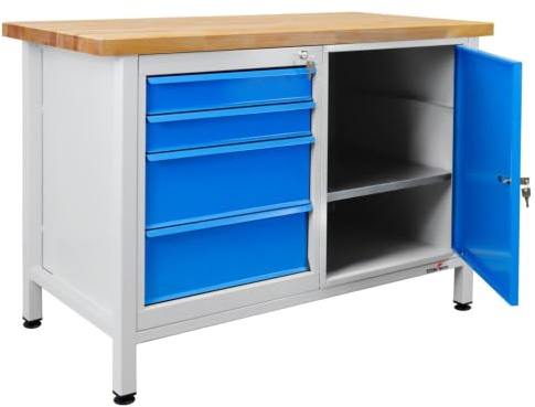 Steinbock Werkbank 4 Schubladen + 1 Tür | 120x84x60 cm | 300 kg | Blau | 300 kg Tragkraft | 4 cm geölte Massivholz-Arbeitsplatte aus Buche | stabiles Stahlgestell | Werktisch | Made in EU