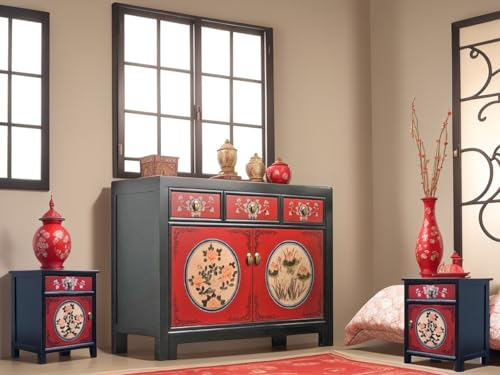 OPIUM OUTLET Chinesische Asia Möbel Kombination Set Schlafzimmer Vintage Sideboard Kommode Schrank & 2 Nachttische Nachtkommoden orientalisch asiatisch handbemalt komplett montiert schwarz-rot