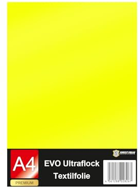 Evo Ultraflock Textilfolie für Plotter 33 Farben Flockfolie im Din A4 Format 30x20cm Plotterfolie für Stoff Kleidung T-Shirt Flock Folie Zubehör (1 Bogen, 034 Neon Gelb)
