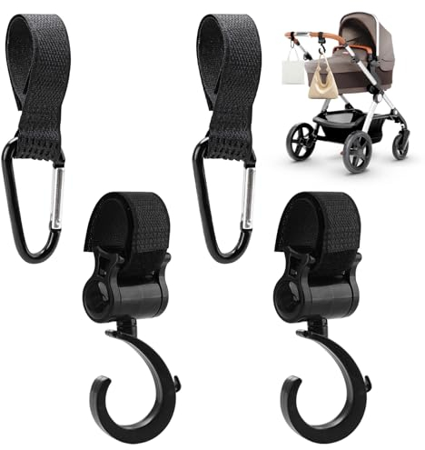 4 Pezzi Ganci Passeggino, Ganci per Passeggino Universale Leggero Rotanti Appendi, Multiuso Gancio Clip con Chiusura Regolabile, Ganci Appendere per La Spesa Borse Pannolini Borsette (Nero)