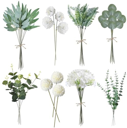 ROLLWAY 55 fiori artificiali, bouquet di fiori artificiali, rami falsi fiori decorativi, per casa, matrimonio, ufficio, decorazione (verde e bianco)