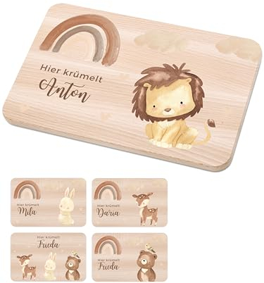 Bärenfreunde - Individuelles Holzbrett mit hochwertigem Spezial-Druck für Kinder - Personalisiertes Frühstücksbrettchen - Niedliche Motiv-Brettchen mit Namen (Löwe)