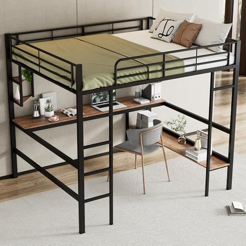 NNJN Bettgestell Metallbett, Eisenbett mit Schreibtisch, Hochbett mit Vier kleinen Regalen und einem großen Bücherregal für Kinder, Jugendliche und Erwachsene, schwarz (140 * 200cm)