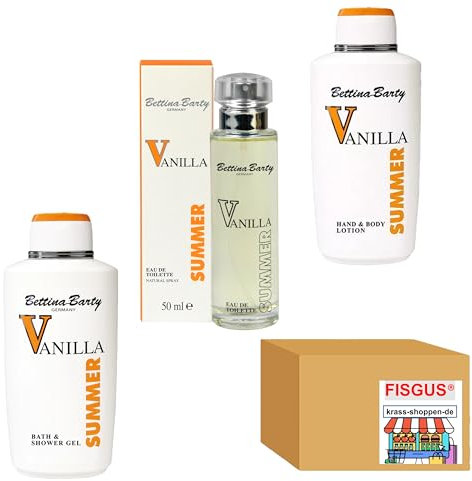 Ein Angebot von FISGUS® by krass-shoppen-de - Bettina Barty - Summer Vanilla Serie - 1 x 500ml Bath & Shower Gel - 1 x 500ml Hand & Body Lotion - 1 x EdT Spray 50ml
