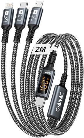 100W USB C auf Multi USB Ladekabel [2M] Ladekabel 3 in 1 Schnellladekabel mit E-Mark Chip Multi auf USB C[100W]+Lightning[27W]+Micro[5W] mit LED Display für Galaxy Galaxy S24/S23,iPhone 16/15/14
