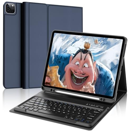 FOGARI Hülle mit Tastatur für iPad Pro 12.9 (6/5/4/3 Gen), Deutsches QWERTZ, Magnetisch Abnehmbarer Bluetooth Tastatur für iPad 12,9 Zoll, Dunkelblau