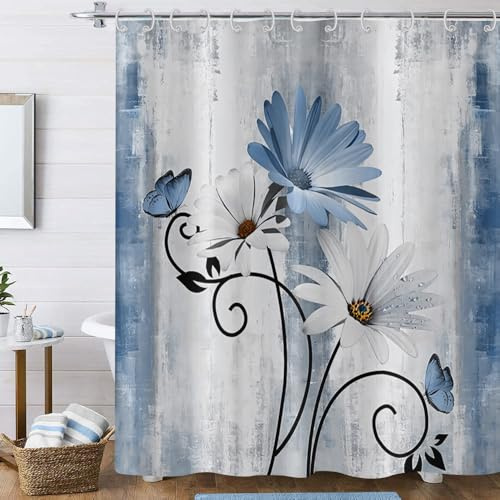 Hnmdmyi Rideau de Douche Ferme Fleurs 180x200, Rustique Bleu Pâquerette Fleurs et Papillon sur Planche Bois Campagne Imperméable Polyester Tissu Lavable Rideau de Bain avec Crochets
