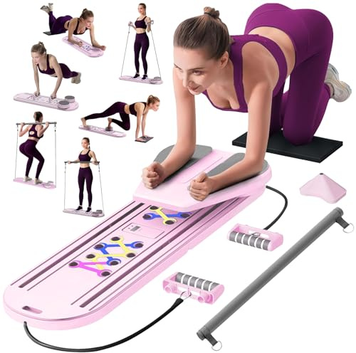 Giabuao Faltbarer Pilates Reformer Maschine Set,Upgraded 2025 Multifunktional Pilates Board Rebound-Ab-Roller Ellenbogenstütze,Bauchmuskeltrainer mit Automatischer Rückprall-Rosa