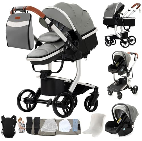 3 in 1 Kinderwagen Grau, verstellbar mit Autositz & Zubehör | Kompakt zusammenklappbar und individuell einstellbar. Komplett mit Mamatasche und Babytrage