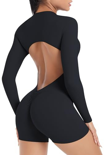 FEOYA Damen Sport Jumpsuit Kurz Eng Yoga Bodysuit Scrunch Butt Overall Gepolstert Bodycon Playsuits Einteiler Romper Ganzkörperanzug Schwarz M