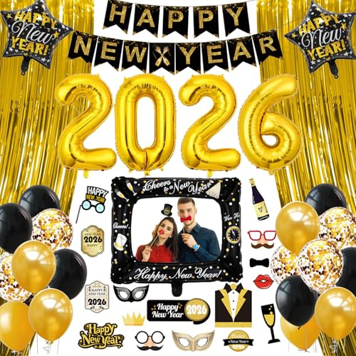 Silvester Deko 2026 Set, Neujahr Deko 2026 Schwarz Gold,Neujahrsdeko- Happy New Year Banner, 2026 Folienballons,New Year Fotorequisiten, Ballons, Silvester Party Supplies