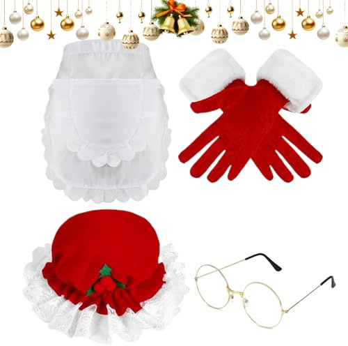 Santa Costume Accessories – Dress Up Hat Gläser, Apron Handschuhe, Holiday Cosplay Set für Damen, Theater Performance, Weihnachtskleid, Festliche Kostüm-Kollektion, Rot Weiß, 45 x 45 cm
