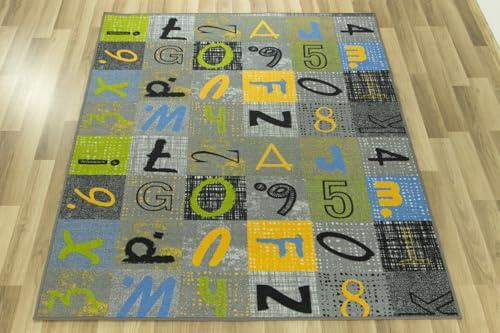 AKCILA Kinderteppich Buchstaben, Zahlen 100x200 cm Teppiche für EIN Kinderzimmer mit kurzem Flor, Teppich für einen Jungen, Mädchen, Kids Carpet,Babyzimmer Teppich Grau, Grün, Blau