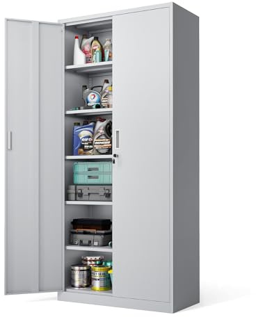 Karl home 180CM Tall Steel Storage Cabinet, Lockable 2 Door with 5 Adjustable Shelves, Heavy Duty Metal Cupboard for Home/Garage/Office, Easy Assemble (White)