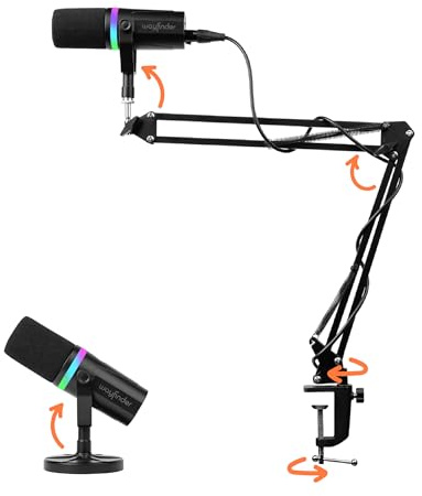 Wayfinder Supply Co. USB/XLR Dynamic Microphone with RGB Mute, 360° Boom Arm, and Noise-Canceling Clarity, Perfect for Gaming, Streaming, Podcasting, Voiceovers, and Studio Use, (WF-BROADCASTBOOM-MIC)