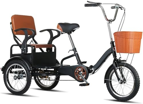 Trike 3-Rad-Lastenfahrrad, Zusammenklappbares 16-Zoll-Tandem-Dreirad for ältere Menschen mit Rücksitz, Cargo, Rot, Schwarz(Black)