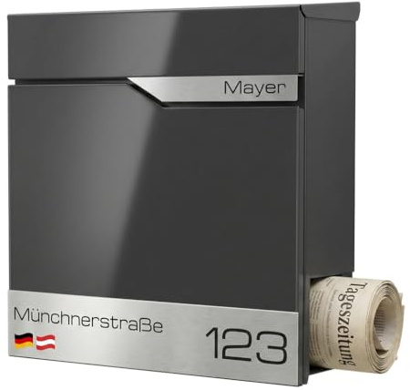 Briefkasten Anthrazit mit Zeitungsfach, personalisiert mit Lasergravur, Wandbriefkasten mit austauschbarem Edelstahl-Namensschild, rostfreier moderner Postkasten Rostfrei und UV-beständig