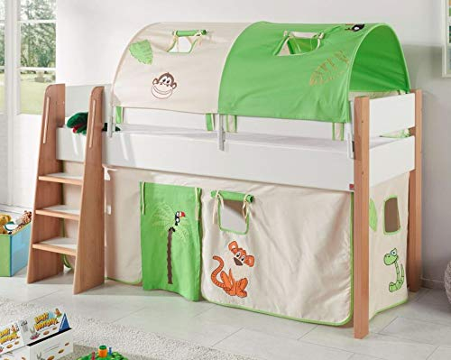 Hochbett SAM 3 Kinderbett Spielbett halbhohes Bett Buche Weiß Stoff Dschungel
