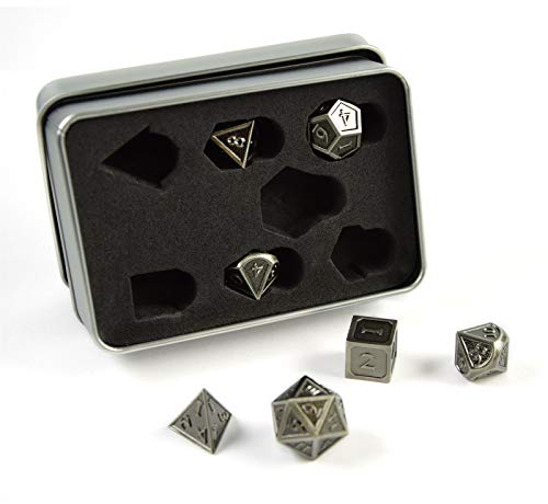 shibby 7 polyedrische Metall-Würfel für Rollen- und Tabletopspiele in Steampunk Silber-Optik inkl. Aufbewahrungsbox
