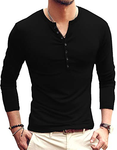 YTD Mens Casual Slim Fit Basic Henley Long Sleeve Fashion T-Shirt M Black