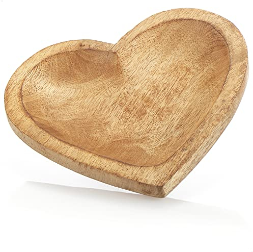 com-four® Bol décoratif en bois de mangue - Plateau en bois en forme de cœur pour la décoration des pièces - Bol en bois en forme de cœur pour les fruits et les collations (20,5x20x2,5cm)