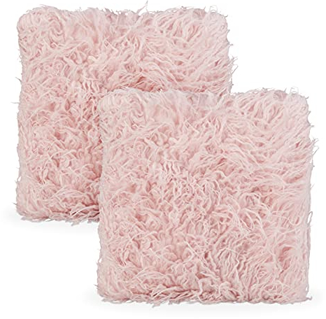 Relaxdays 2 x Flauschige Kissen, mit Füllung, Fellkissen kuschelweich, Fluffy Zottel Bezug, Plüsch Zierkissen 35x40 cm, rosa