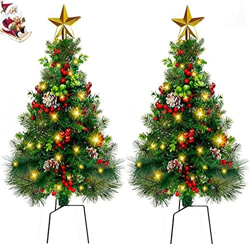 2pcs Outdoor Christmas Tree with Lights Clearance Pre-Lit Artificial Christmas Trees Pathway Small Xmas Trees Battery Operated Lights for Front Door, Grave, Entryway Xmas Outside(85cm)