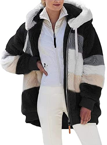 ABINGOO Damen Mantel Kapuzenjacke Winterjacke Mode Warm Hoodie Pullover Jacken Reißverschluss Plüschjacke Fleecejacke Oberteile(Schwarz,XL)