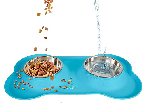 Ligo - Ciotole per Cani e Gatti di Piccola, Media e Grande Taglia, Ciotola Doppia in Acciaio Inossidabile Antiscivolo e Anti Goccia, Ciotola Cane con Tappetino in Silicone (M, AZZURRO)
