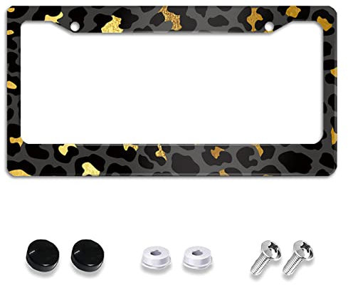 Meikosks Goldener Leopardenmuster Kennzeichenrahmen Metall Aluminium Autoabdeckung Taghalter Rahmen für Frauen Niedliches Tier Dez, 2 Löcher mit Schraubkappen, US-Fahrzeuge, Standard 30,5 x 15,2 cm