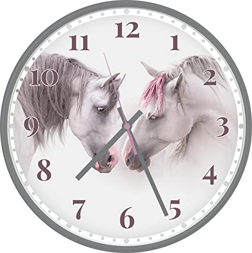 Eurotime Quarzwanduhr, 30 cm, Kunststoffgehäuse Granit Grau, Echtglasabdeckung, klares 12-Zahlen Zifferblatt mit Pferdemotiv, geräuscharmes Uhrwerk, kein Ticken, Wanduhr für Wohnraum, 82704-11-1