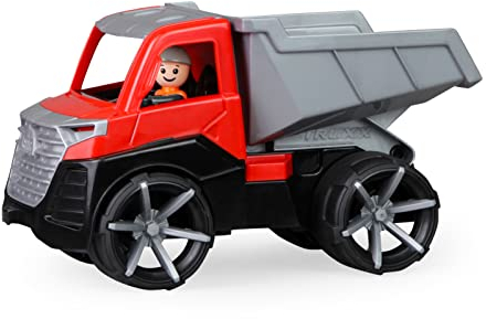 Lena 04530 - TRUXX² Kipper, Baustellenfahrzeug ca. 28 cm, Muldenkipper LKW mit vollbeweglicher Spielfigur, robuster Kipplaster, Mulde kippbar, für Kinder ab 2 Jahren, Speilfahrzeug rot/Silber