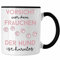 Trendation - Frauchen Tasse Geschenk Hunde Geschenkidee Lustig Vorsicht Vor Frauchen Der Hund Ist Harmlos Spruch (Schwarz)