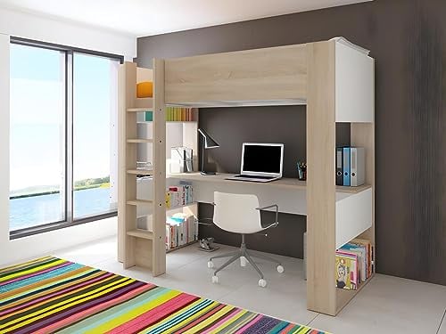 Vente-unique-Hochbett mit Schreibtisch & Stauraum + Matratze - 90 x 200 cm - Eichefarben & Weiß - NOAH II