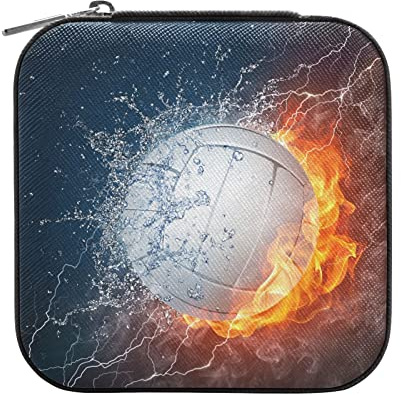 Quteprint Reise-Schmuckschatulle, Volleyball in Feuereis, klein, tragbar, für Ring, Ohrringe, Halskette, Armband, PU-Leder, Mini-Schmuck-Aufbewahrungsboxen für Frauen und Mädchen, Geschenk