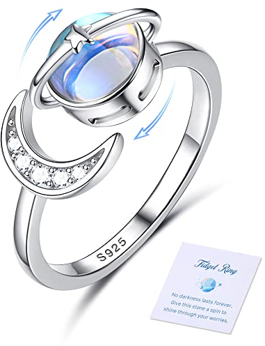 Adramata 925 Silber Anxiety Ring für Damen 18 Karat Vergoldeter Angstring Offener Mondstein Ring für Anti Stress Verstellbarer Stern Mond Silber Ring Spinner Ring Fidget Ring für Anxiety