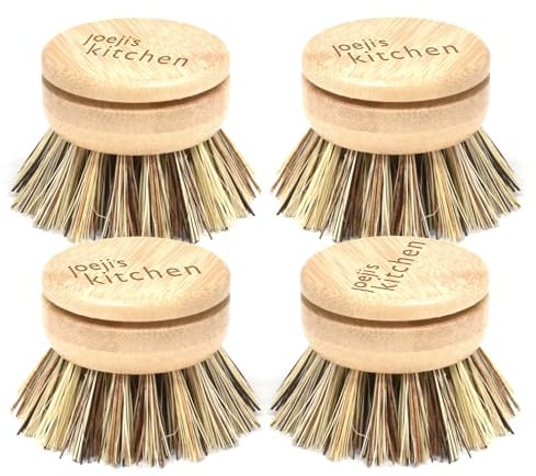 Joejis Hard Bristle Dish Brush Replacement Heads Set of 4 Wooden Eco Washing Up Brush with Sisal Fibre Bristles - Dish Brushes for Washing Up Plates, Stove Tops, Bathtubs, & More