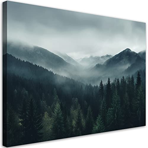 Feeby Bild Auf Leinwand Wald Nebel 60x40 cm 1 tlg Modern Leinwandbilder Bild auf Leinwand Kunstdruck Wand Bild Wanddeko Design Schlafzimmer Büro Flur Hotel Spa Wohnzimmer Hügel Natur Bäume Grau