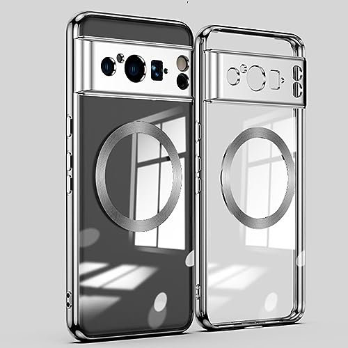 Jeelar ESONG Funda Silicona Magnética para Google Pixel 8 Pro,Compatible con Magsafe[Protección Completa Cubierta Lente Cámara],Carcasa Ultra Slim Ligera Transparente Antigolpes Bumper Case-Plata