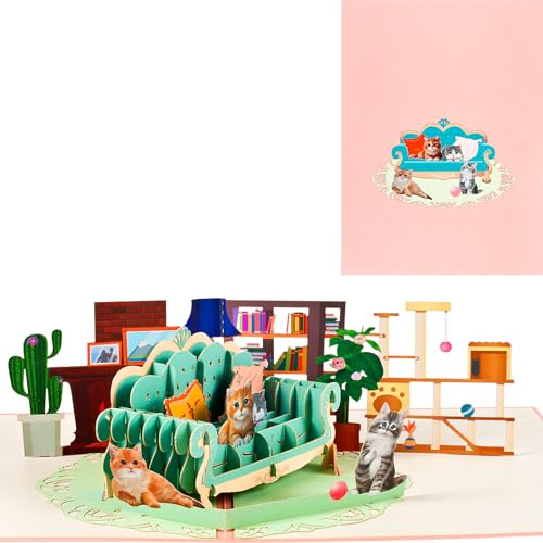 3D Geburtstag Grußkarte,Pop Up Katze Grußkarte,Katze Party Faltkarte mit Umschlag