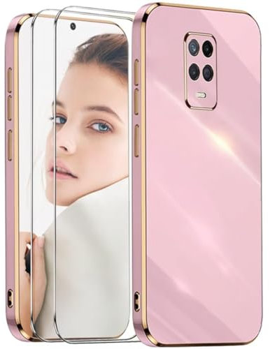 ATISIJIE Funda para Xiaomi Redmi Note 9S / Note 9 Pro,Antigolpes Carcasa Flexible de Silicona Suave con 2× Cristal Templado,Diseño Marco Dorado Cubierta Protectora-Púrpura