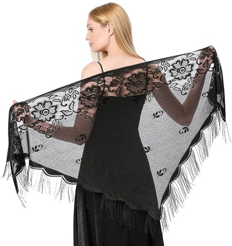 Dreieckstuch Damen Stola Damen Festlich Bolero Damen Festlich Stola für Abendkleid Bolero für Abendkleider Elegante Stola Damen Spitzenschal (Schwarz)