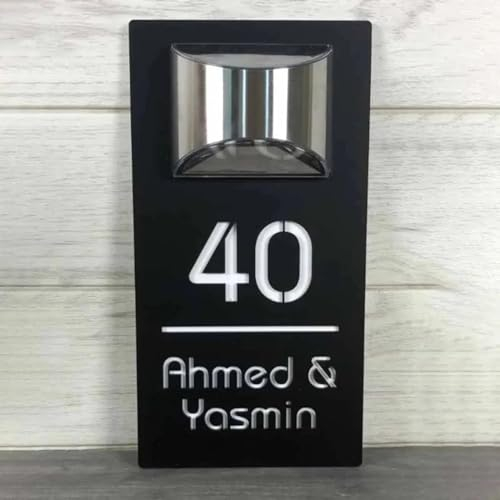 Panneau de porte personnalisé personnalisé avec lumière LED solaire pour adresse résidentielle moderne 3D découpée au laser, plaque d'adresse extérieure (noir et blanc)