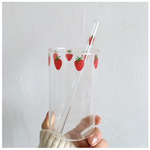 Coupe En Verre 300ml fraise mignonne tasse de verre avec paille créative eau transparente eau tasse d'étudiant lait résistant à la chaleur Nana Coupes En Verre ( Color : With straw , Size : 201-300ml