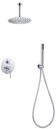 IMEX - Ducha Empotrada Techo Monomando Cromada | Kit de Grifería Empotrado con Alcachofa y Rociador Antical Efecto Lluvia | Columna Ducha Empotrada con Grifo en Latón y Acero Inox S.304 | Serie Tívoli