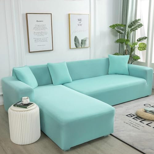 Bishilin Sofaüberwurf L Form 235-300CM+235-300CM Azurblau, Sofabezug Stretch 4 Sitzer + 4 Sitzer Modern Einfarbig Couchbezug Eckcouch Universal