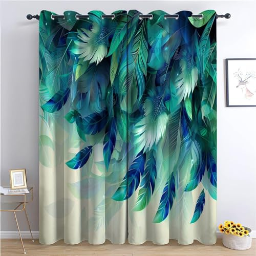 CozyRest Blickdichte Vorhänge, Blaugrüne Federn und Blätter Verdunkelungsvorhang - 160 x 70 cm - Vorhänge Mit Ösen, Polyester für Schlafzimmer Wohnzimmer, Geräuschreduzierung 2 St