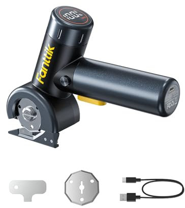 Fanttik Ciseaux électriques sans fil avec écran LED, rechargeable et puissant, outil de coupe avec 2 lames, remplacement rapide de la lame, pour carton, tapis, cuir, plastique, noir
